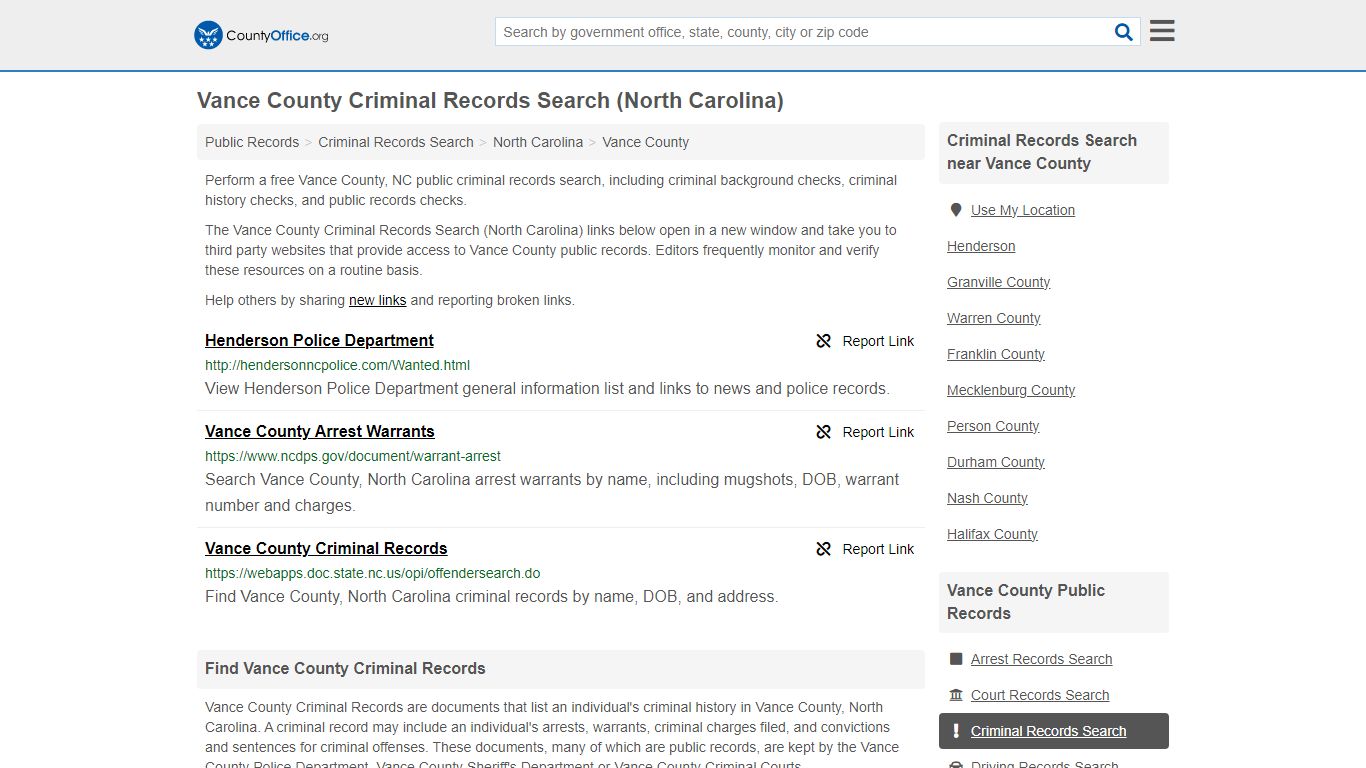 Vance County Criminal Records Search (North Carolina)