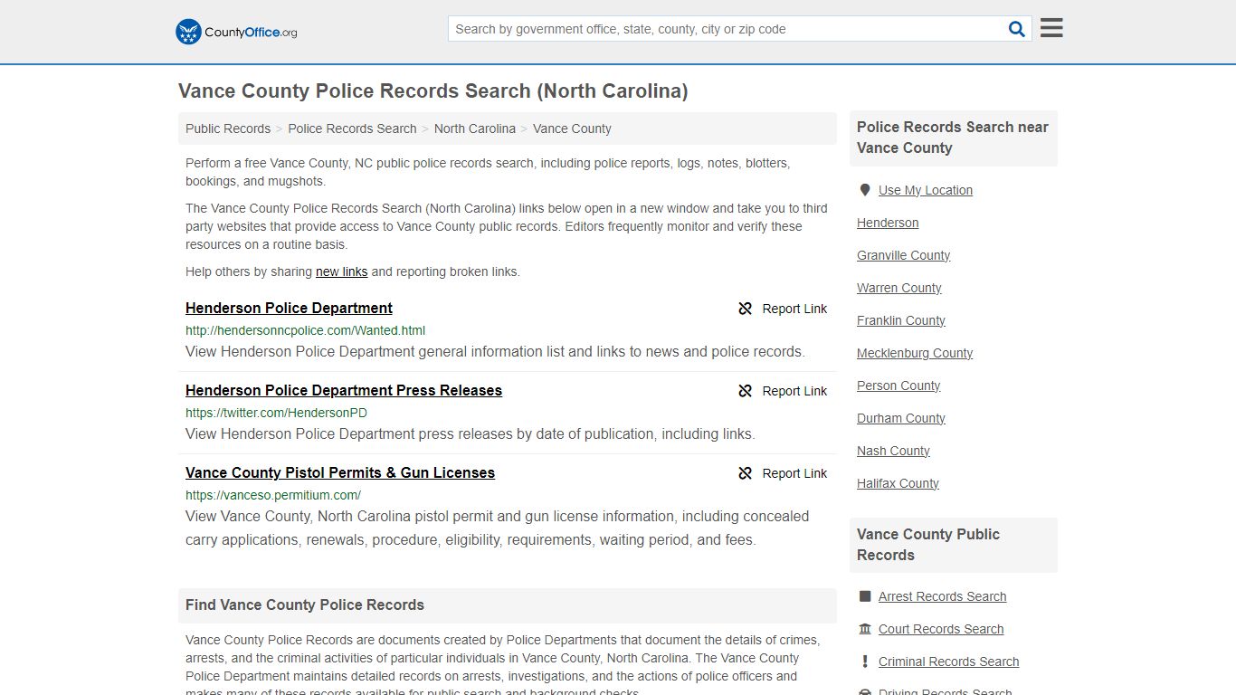 Police Records Search - Vance County, NC (Accidents & Arrest Records)